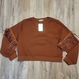 Cloud Ten Clarke Fringe Sweater Womens Medium Brown Crewneck Pullover Western
